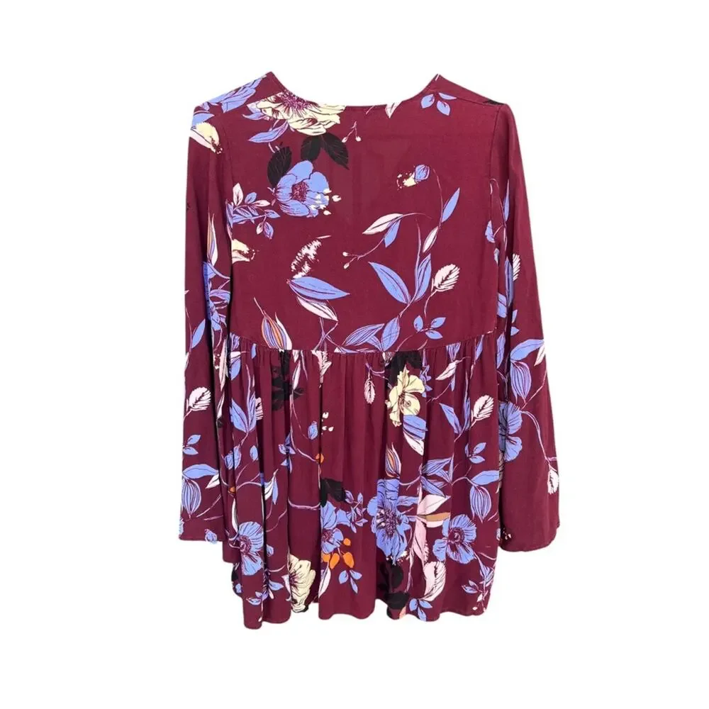 Free People Bella Top XS Burgundy Floral Boho Babydoll Tunic Bell Sleeve